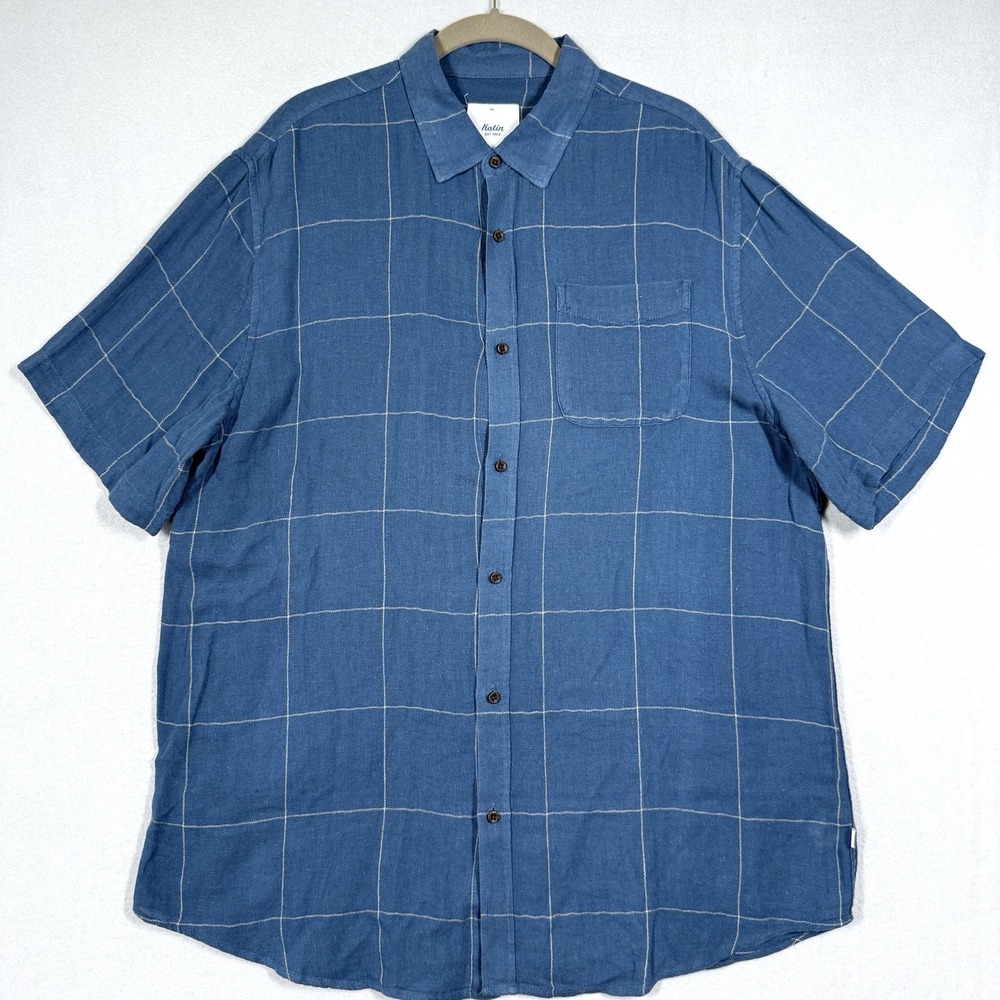 Katin Shirt Men XL Monty Linen Blend Windowpane Beach Vacation Button Up Coastal